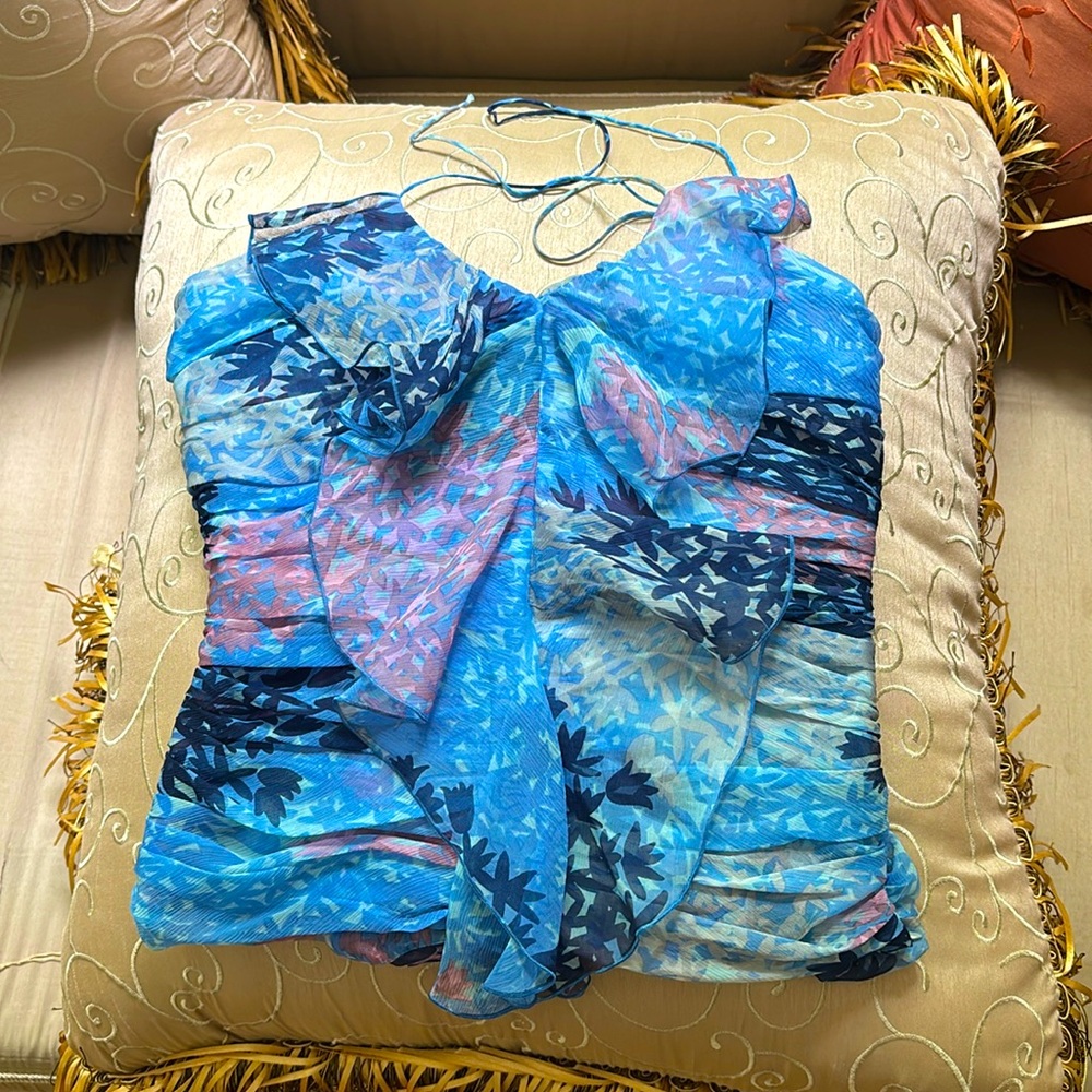 Missoni Ruched Halter Chiffon Print Blue Ruffle Top sz.XS